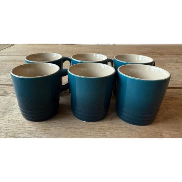 Le Creuset Stoneware Set of 6 3 oz London Espresso Mugs Deep Teal Blue NEW - Picture 2 of 9